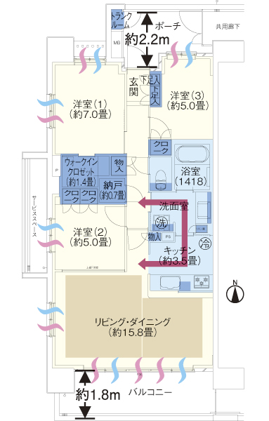 A type ・ 3LDK + walk-in closet + closet occupied area / 81.68 sq m  Balcony area / 11.59 sq m service space area / 4.80 sq m  Porch area / 6.94 sq m trunk room area / 0.46 sq m