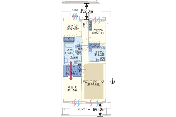 B type ・ 3LDK + walk-through closet occupied area / 76.16 sq m  Balcony area / 11.65 sq m