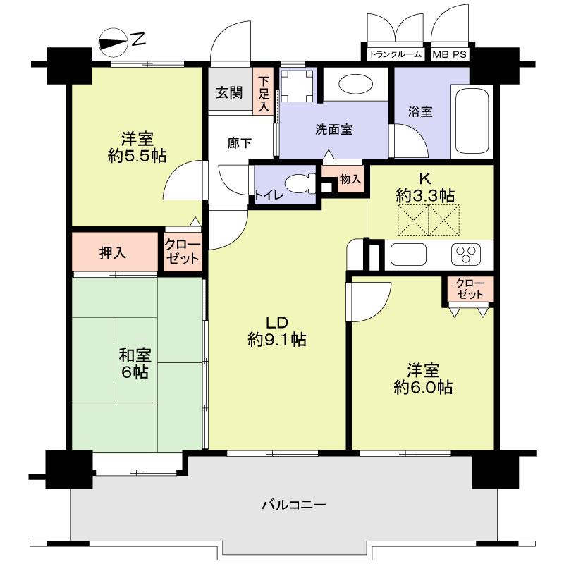 Floor plan. 3LDK, Price 19.9 million yen, Footprint 66.8 sq m , Balcony area 15.62 sq m