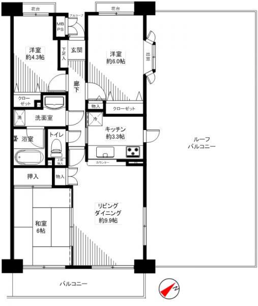 Floor plan. 3LDK, Price 18,800,000 yen, Or occupied area 66.21 sq m spacious roof balcony was dry the laundry, How to use a variety or a cup of tea