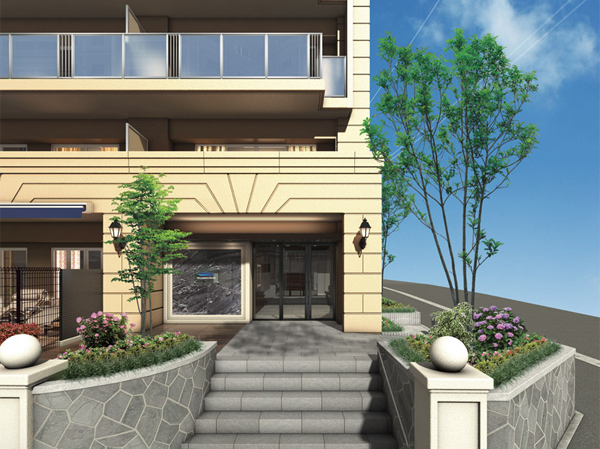 Shared facilities.  [entrance] Appearance of the glass of the balcony railing is sparkling in the sunshine. Due ensemble beautiful entrance of material, It produces a magnificent look. Also, Complement the building, Sense of the season ・ Sense of color rich planting. (Entrance Rendering)