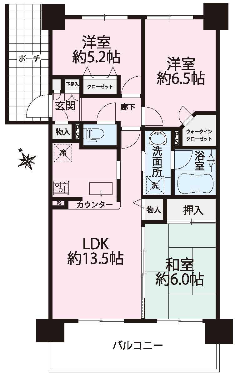 Floor plan. 3LDK, Price 21,800,000 yen, Footprint 67.8 sq m , Balcony area 12 sq m southwest 8th floor. Exposure to the sun ・ View is good