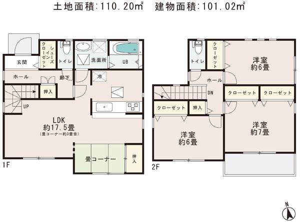 Floor plan. (Building 2), Price 31.5 million yen, 3LDK, Land area 110.2 sq m , Building area 101.02 sq m