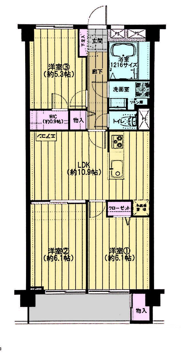 Floor plan. 3LDK, Price 16,900,000 yen, Footprint 65.7 sq m , Easy-to-use floor plan of the balcony area 6.9 sq m out frame