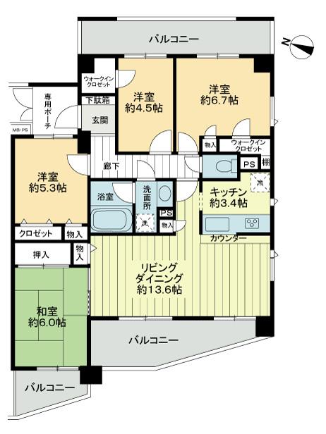 Floor plan. 4LDK, Price 21,800,000 yen, Occupied area 87.07 sq m , Balcony area 22.16 sq m 4LDK both sides balcony