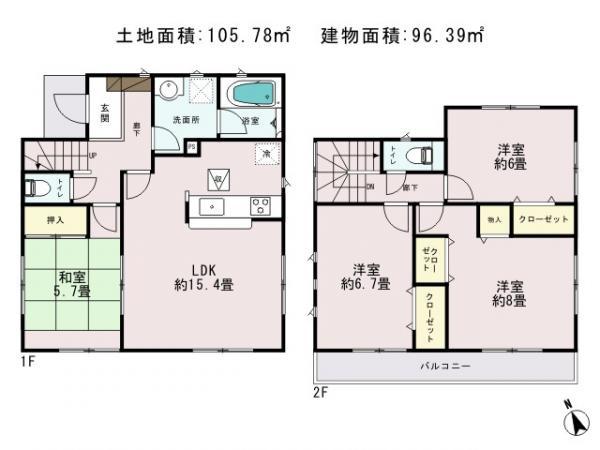 Floor plan. 24,800,000 yen, 4LDK, Land area 105.78 sq m , Building area 96.39 sq m