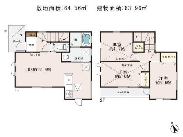 Floor plan. 20.8 million yen, 3LDK, Land area 64.56 sq m , Building area 63.96 sq m