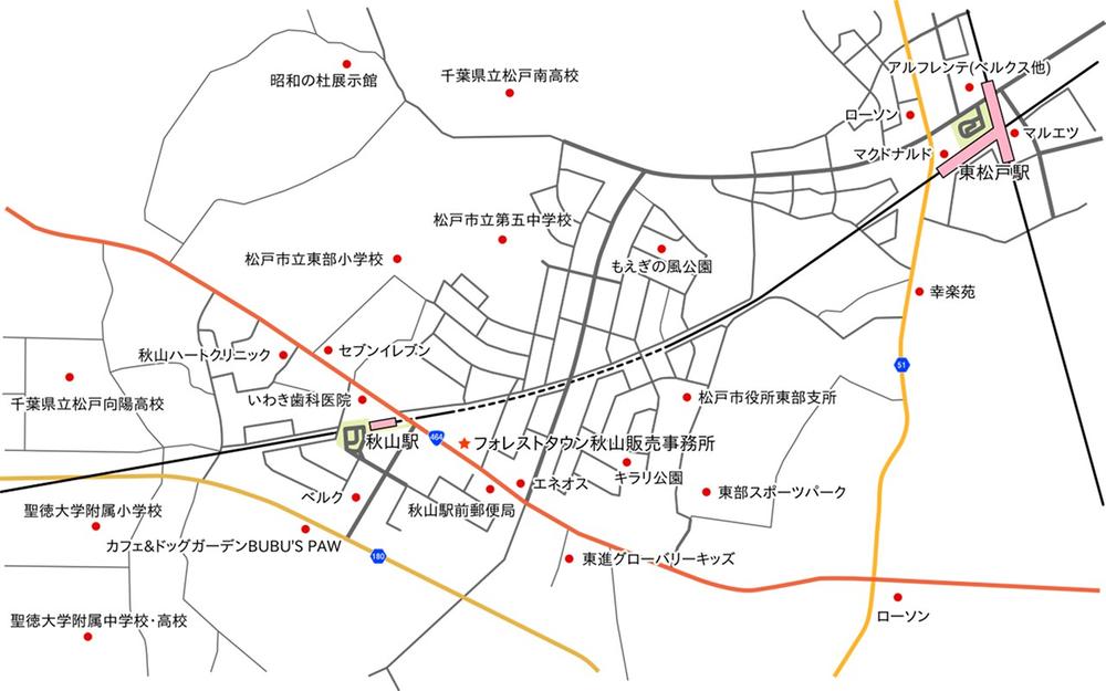 Local guide map. First, until the Forest Town Akiyama sales office. KitaSosen "Akiyama" a 3-minute walk from the station, National highway along the 464 Highway. 