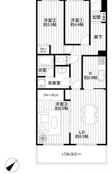 Floor plan. 3LDK, Price 12.8 million yen, Occupied area 66.08 sq m , Balcony area 5.73 sq m