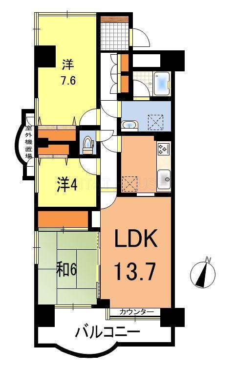 Floor plan. 3LDK, Price 14.3 million yen, Footprint 74 sq m , Balcony area 9.57 sq m   ◆ Bright, clean 3LDK of southwest angle dwelling unit.