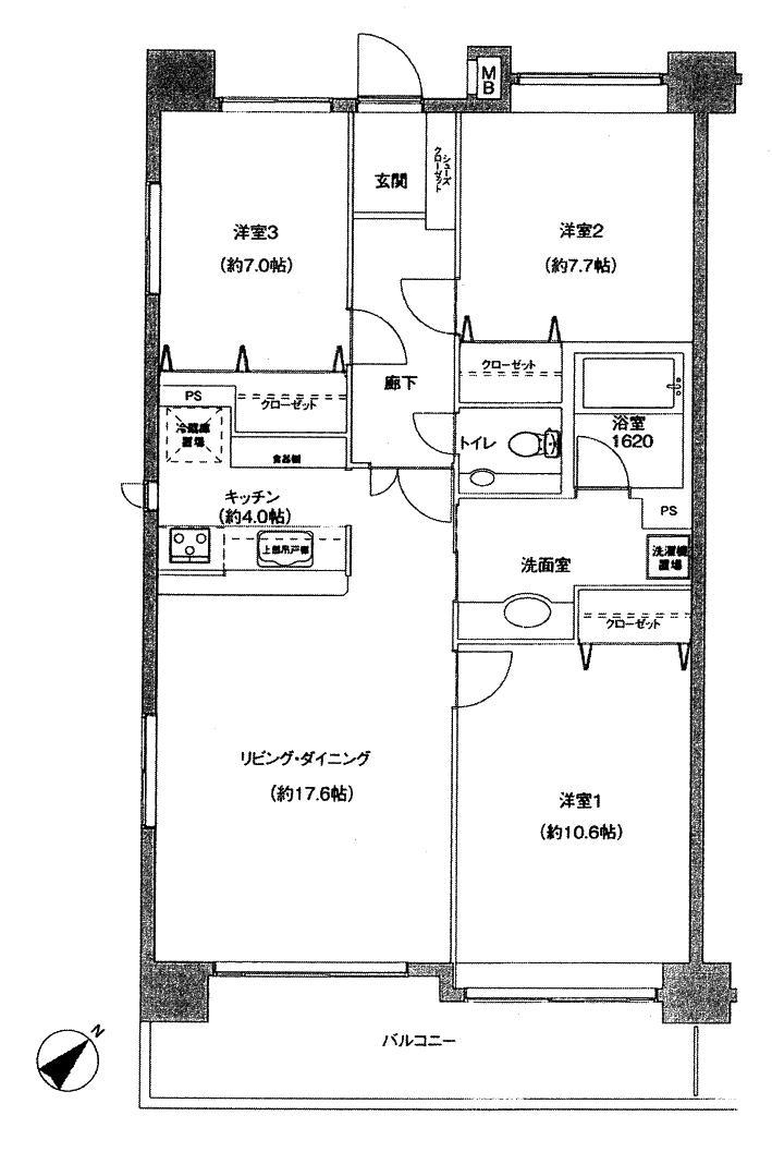 Floor plan. 3LDK, Price 36 million yen, Footprint 102.87 sq m , Balcony area 15.59 sq m