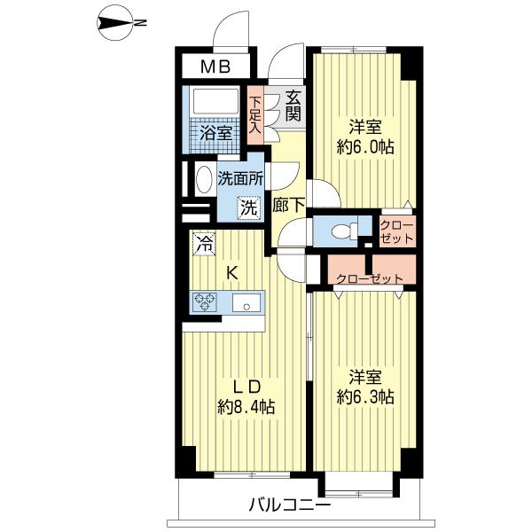 Floor plan. 2LDK, Price 14.9 million yen, Occupied area 56.02 sq m , Balcony area 6.84 sq m