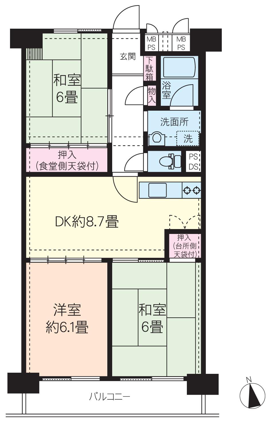 Floor plan. 3DK, Price 12.8 million yen, Occupied area 63.12 sq m , Balcony area 7.12 sq m