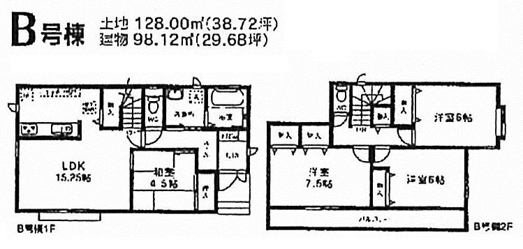 Floor plan. (B Building), Price 32,800,000 yen, 4LDK, Land area 128 sq m , Building area 98.12 sq m
