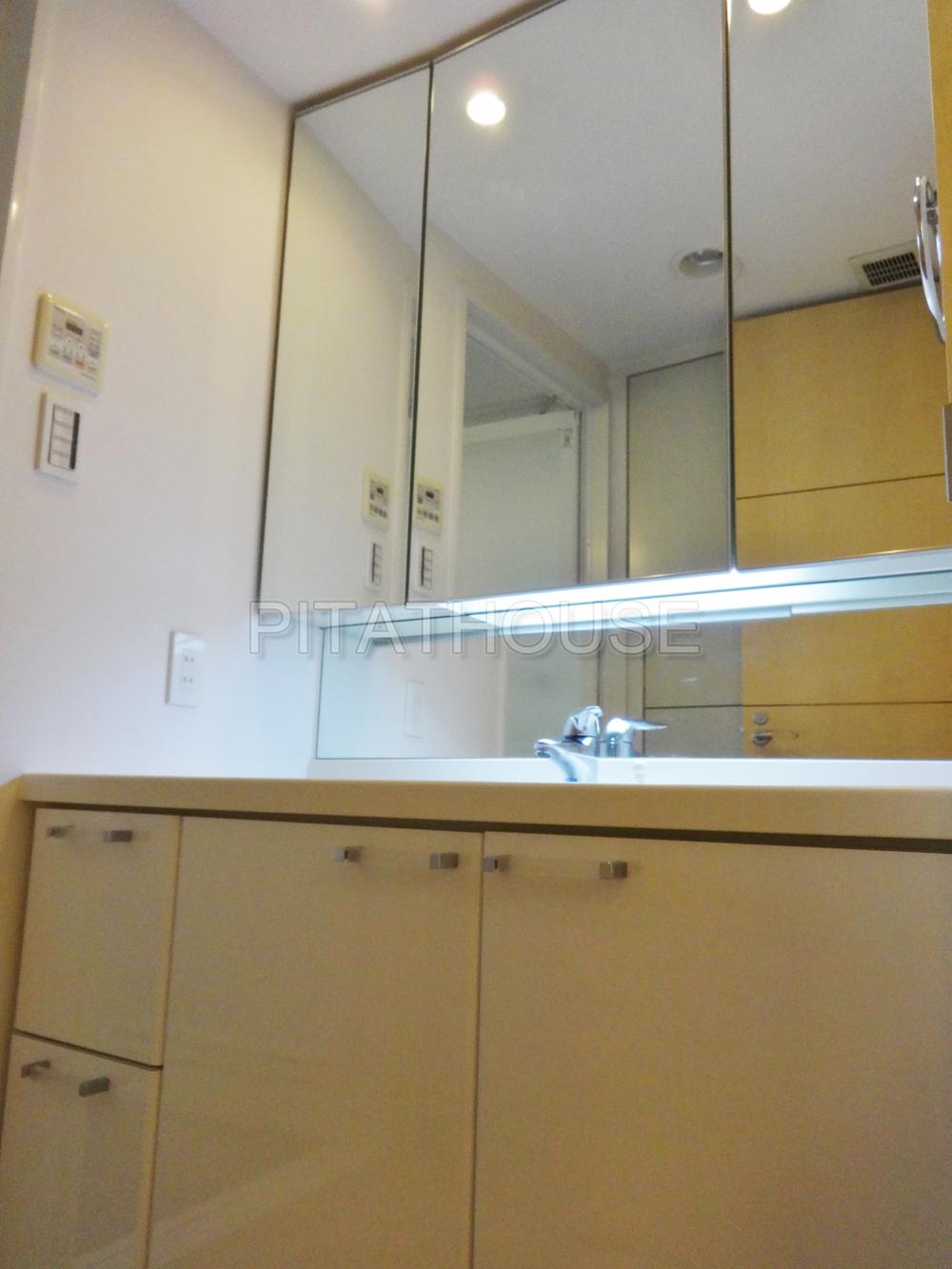 Wash basin, toilet.  [Washroom] Storage rich vanity