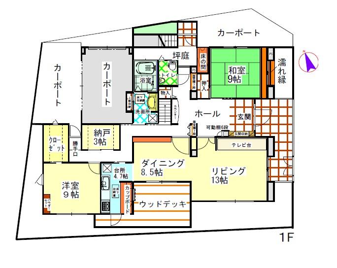 Floor plan. 99,800,000 yen, 5LLDDKK + 2S (storeroom), Land area 292.95 sq m , Building area 255.18 sq m 1 Kaikanto: With the back door to go directly to the car port!