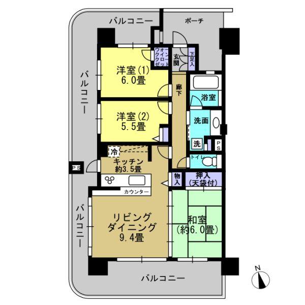 Floor plan. 3LDK, Price 24,900,000 yen, Occupied area 71.51 sq m , Balcony area 38.96 sq m