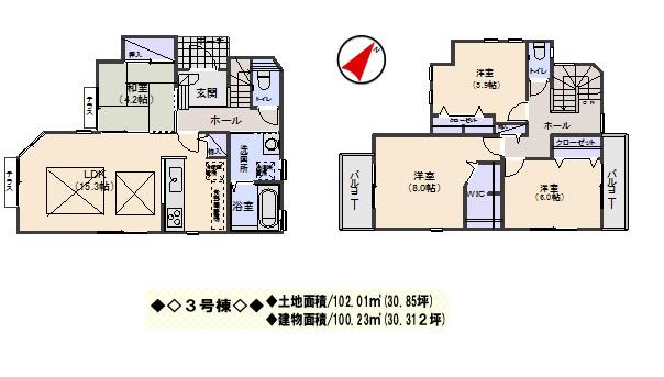 Floor plan. (3 Building), Price 34,800,000 yen, 4LDK, Land area 102.01 sq m , Building area 100.23 sq m