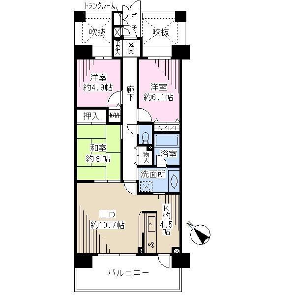 Floor plan. 3LDK, Price 19.5 million yen, Occupied area 75.35 sq m , Balcony area 12.4 sq m