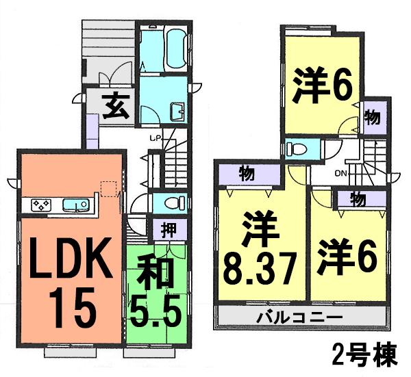 Floor plan. (Building 2), Price 36,800,000 yen, 4LDK, Land area 137.22 sq m , Building area 96.88 sq m