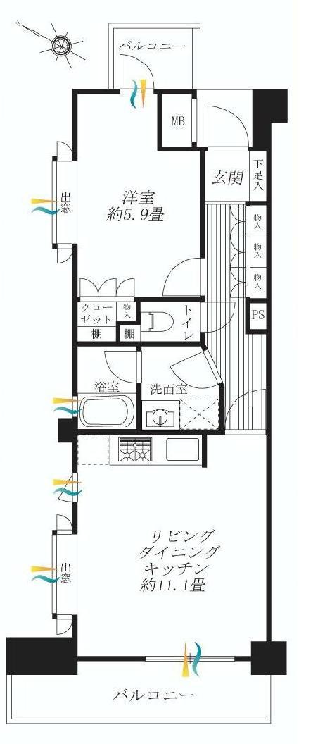 Floor plan. 1LDK, Price 12 million yen, Occupied area 43.73 sq m , Balcony area 8.79 sq m