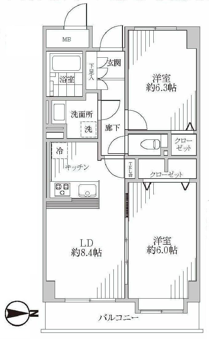Floor plan. 2LDK, Price 14.9 million yen, Occupied area 56.02 sq m , Balcony area 6.84 sq m