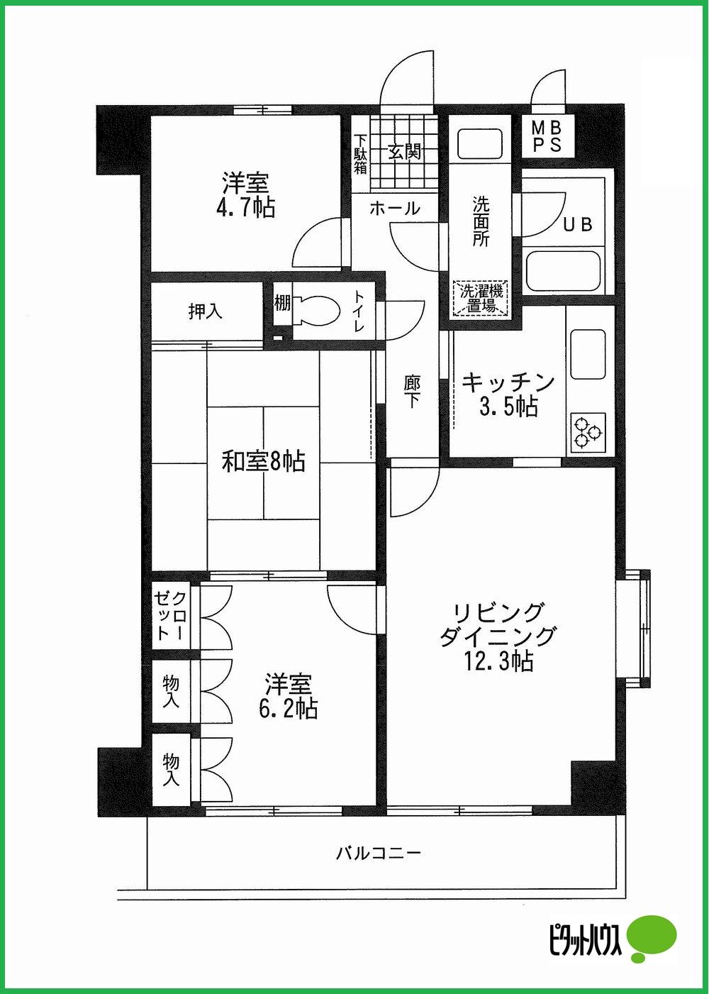 Floor plan. 3LDK, Price 12.8 million yen, Occupied area 78.84 sq m , Balcony area 8.76 sq m