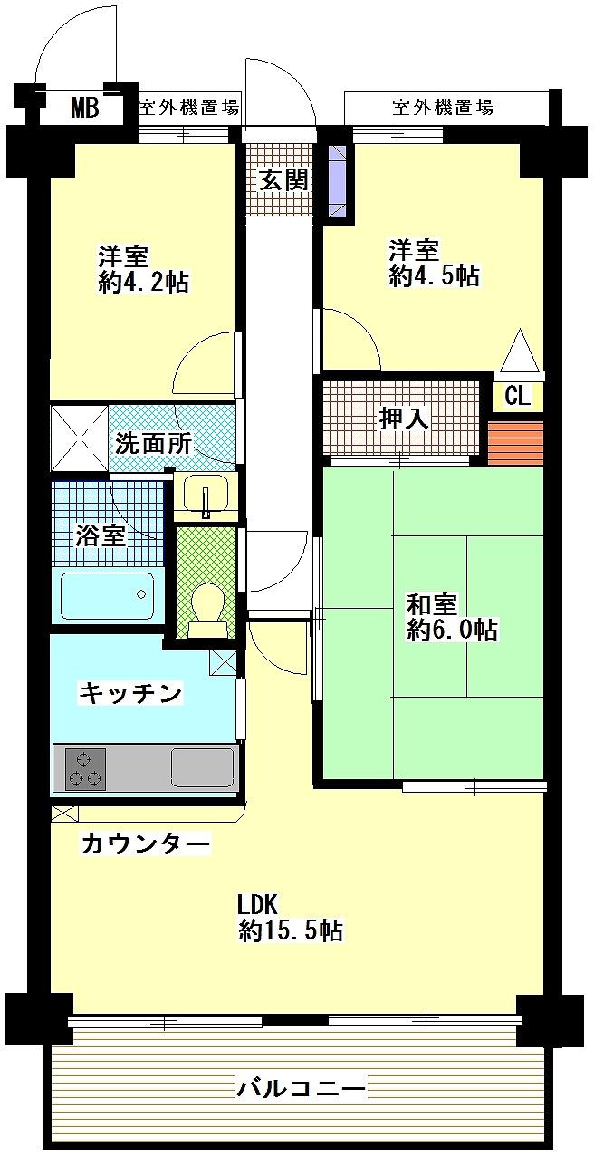 Floor plan. 3LDK, Price 13,900,000 yen, Footprint 58.5 sq m , Good per sun on the balcony area 7.54 sq m southeast! !