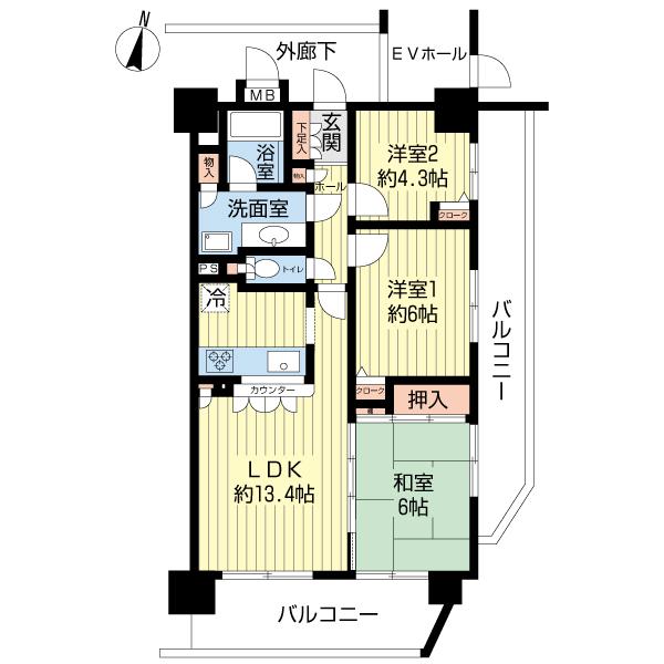 Floor plan. 3LDK, Price 19,800,000 yen, Occupied area 68.31 sq m , Balcony area 44.96 sq m