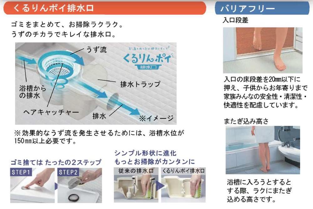 Other Equipment. ・ Suppress the entrance of the floor step, safety ・ Cleanliness ・ Consideration of the comfort ・ When you try to enter the bathtub, Put straddle easier height ・ To generate a vortex in the drain trap by using the drainage of the tub, Cleaning Ease together trash. Clean water outlet in the power of the vortex.