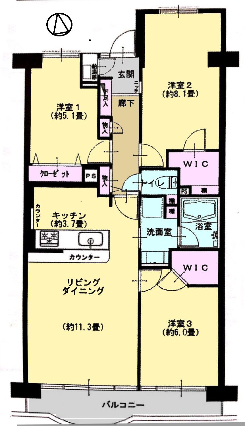 Floor plan. 3LDK, Price 19,400,000 yen, Occupied area 74.68 sq m , Balcony area 7.3 sq m All rooms flooring! ! Walk-in closet × 2