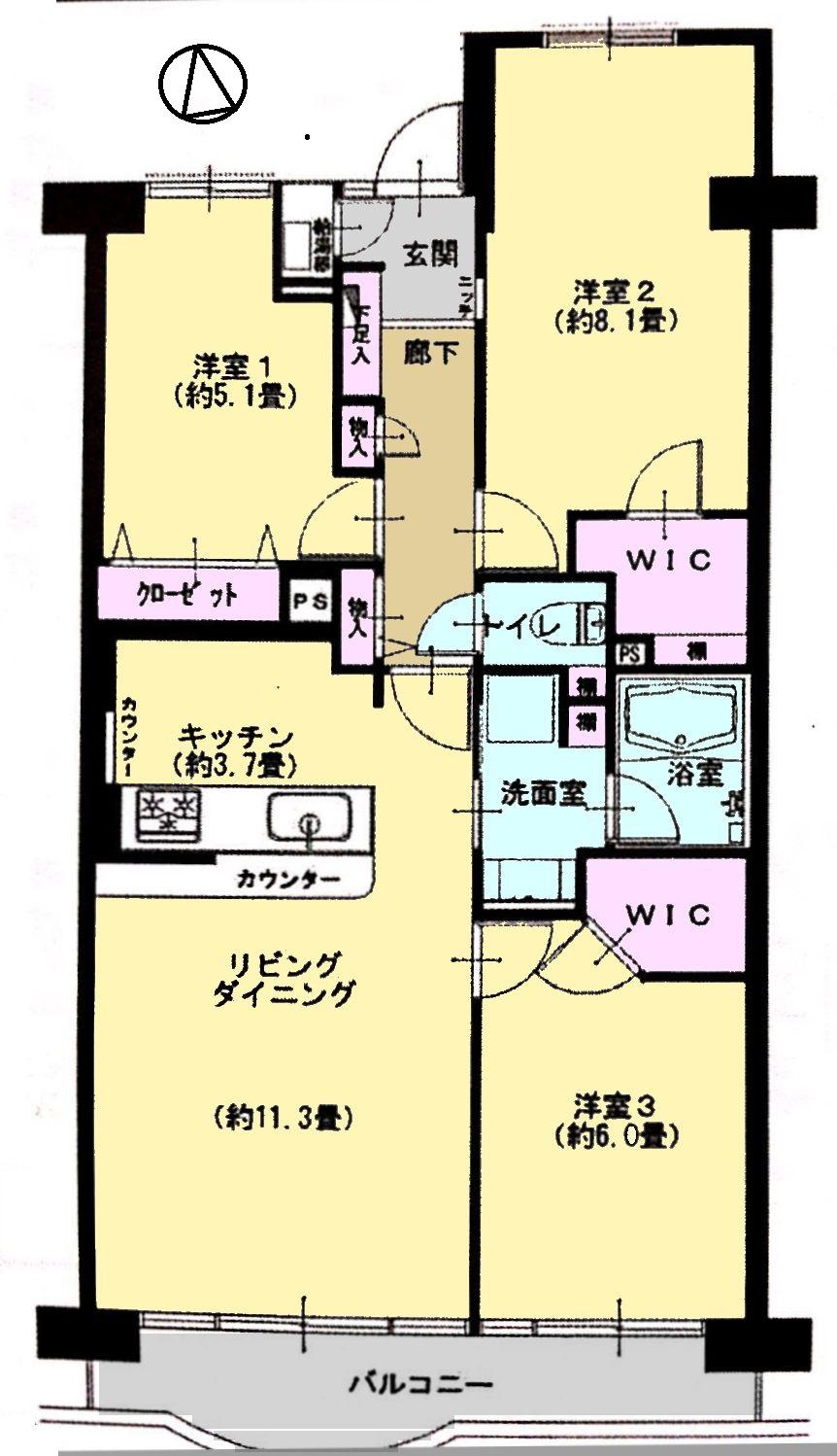 Floor plan. 3LDK, Price 19,400,000 yen, Occupied area 74.68 sq m , Balcony area 7.3 sq m All rooms flooring! ! Walk-in closet × 2