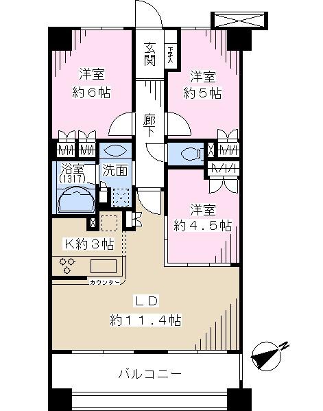 Floor plan. 3LDK, Price 32 million yen, Occupied area 63.44 sq m , Balcony area 11.59 sq m 3LDK ・ 63.44 sq m