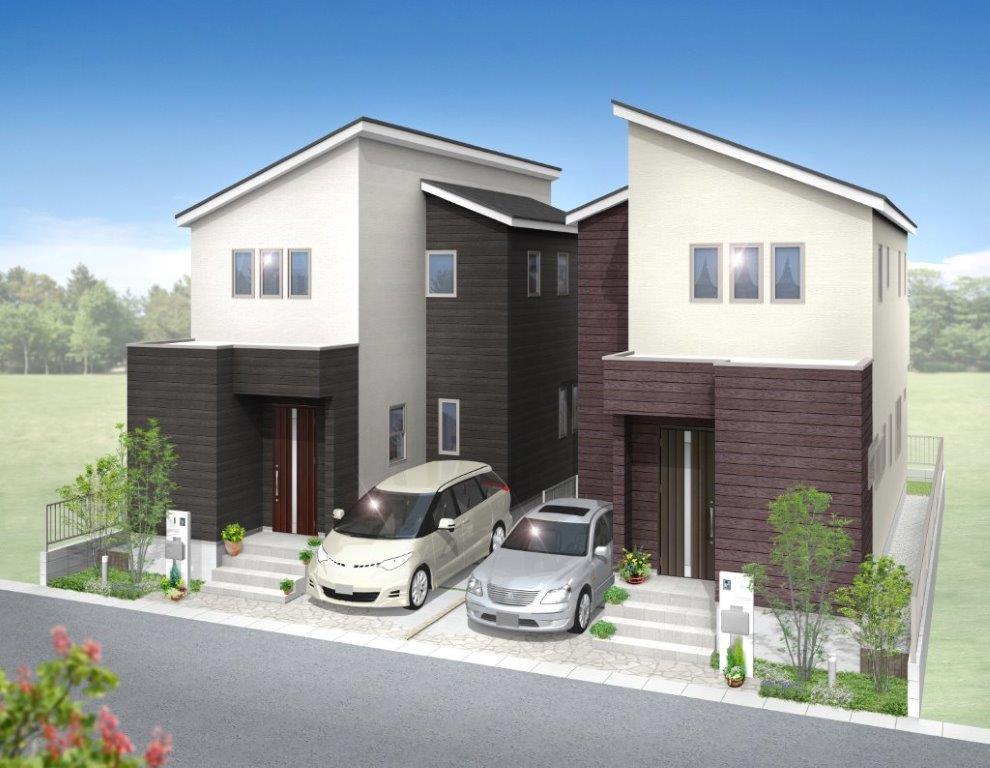 Rendering (appearance). Simple modern 2-house in a quiet residential area