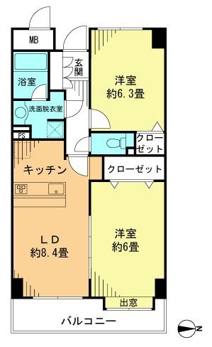 Floor plan. 2LDK, Price 14.9 million yen, Occupied area 56.02 sq m , Balcony area 6.84 sq m