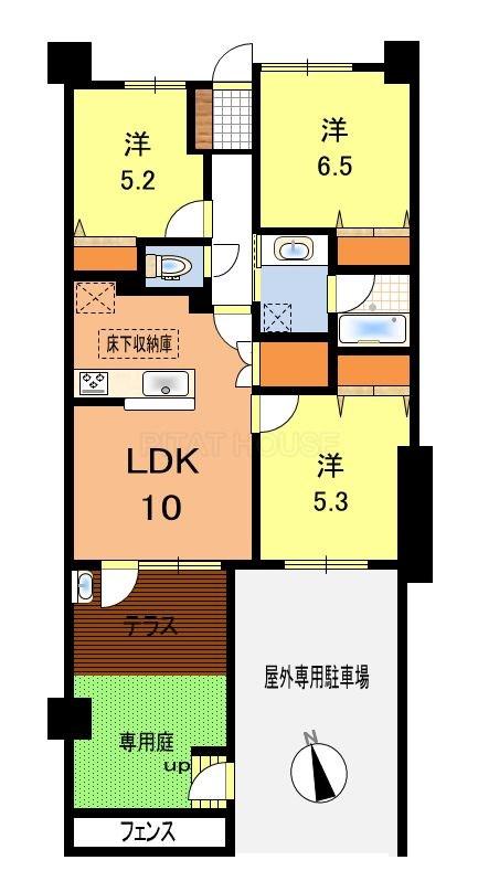 Floor plan. 3LDK, Price 24,300,000 yen, Occupied area 63.18 sq m   ◆ Condominium with private parking and a private garden.