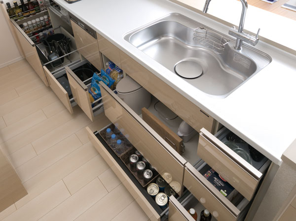 Kitchen.  [Slide storage] Easy also is out things in the back, Also features a soft close function that close to smooth.  ※ Baseboards storage of under the sink is optional.