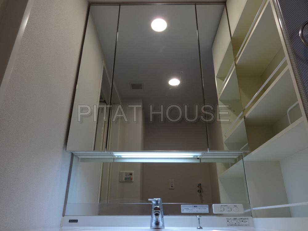 Wash basin, toilet.  [Wash basin] Also storage space behind the three-sided mirror