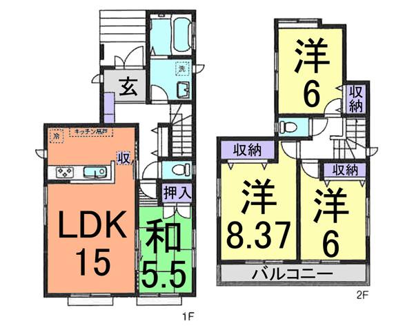 Floor plan. (Building 2), Price 36,800,000 yen, 4LDK, Land area 137.22 sq m , Building area 96.88 sq m