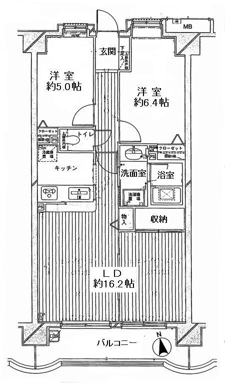 Floor plan. 2LDK, Price 18,800,000 yen, Footprint 64.6 sq m , Balcony area 0.13 sq m