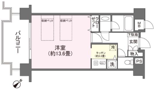 Floor plan. 1K, Price 3.9 million yen, Occupied area 41.32 sq m , Balcony area 9.34 sq m