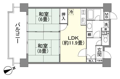 Floor plan. 2DK, Price 5.5 million yen, Occupied area 57.18 sq m , Balcony area 13.3 sq m