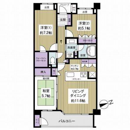 Floor plan. 3LDK, Price 19,800,000 yen, Occupied area 77.44 sq m , Balcony area 9.33 sq m