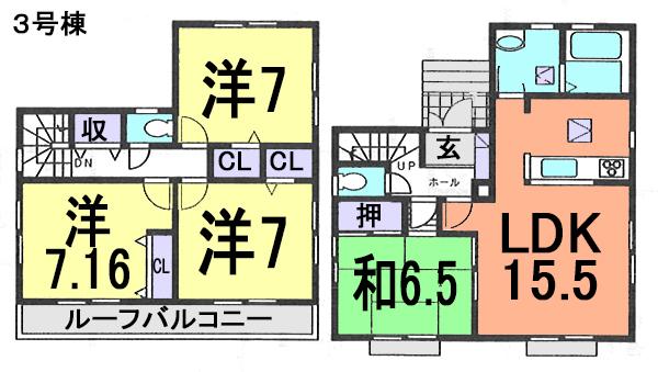 Floor plan. (3 Building), Price 29,800,000 yen, 4LDK, Land area 142.57 sq m , Building area 99.16 sq m