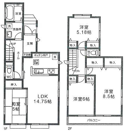 Floor plan. (1 Building), Price 36,800,000 yen, 4LDK, Land area 135.18 sq m , Building area 96.67 sq m