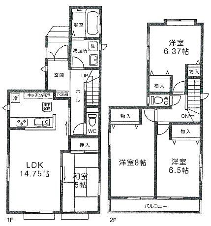 Floor plan. (Building 2), Price 35,800,000 yen, 4LDK, Land area 135.09 sq m , Building area 97.09 sq m