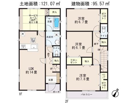Floor plan. 26,800,000 yen, 3LDK + S (storeroom), Land area 121.07 sq m , Building area 95.57 sq m