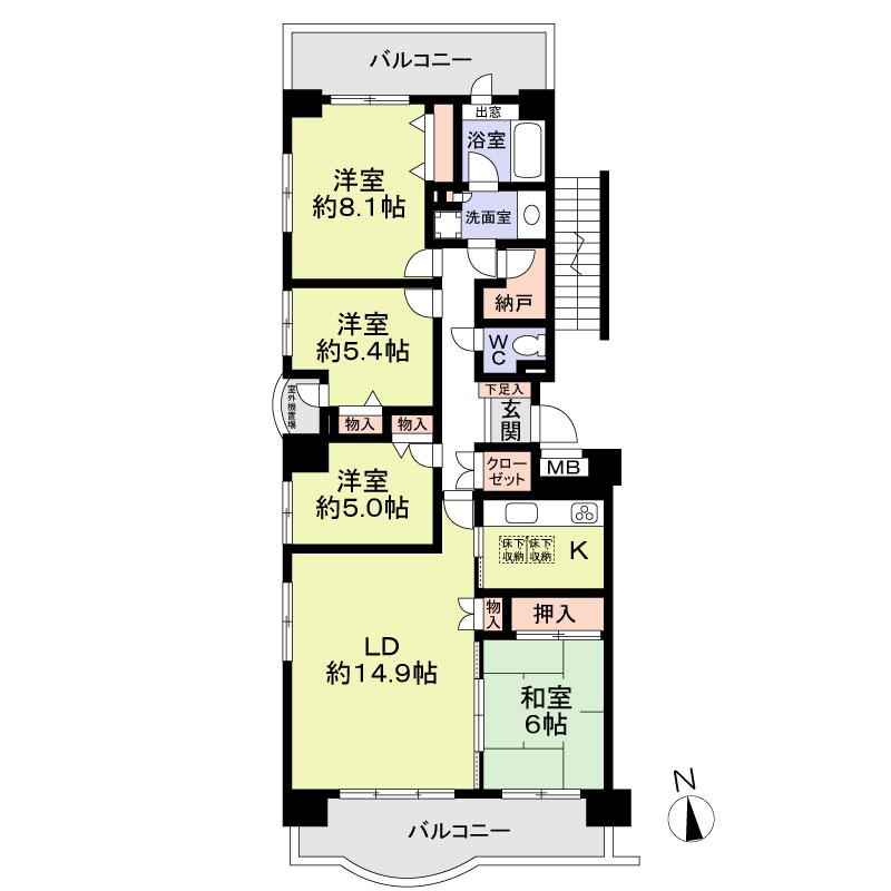 Floor plan. 4LDK, Price 16 million yen, Occupied area 97.55 sq m , Balcony area 21.45 sq m