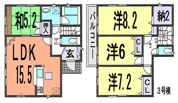 Floor plan. (3 Building), Price 26,800,000 yen, 4LDK, Land area 129.61 sq m , Building area 96.79 sq m