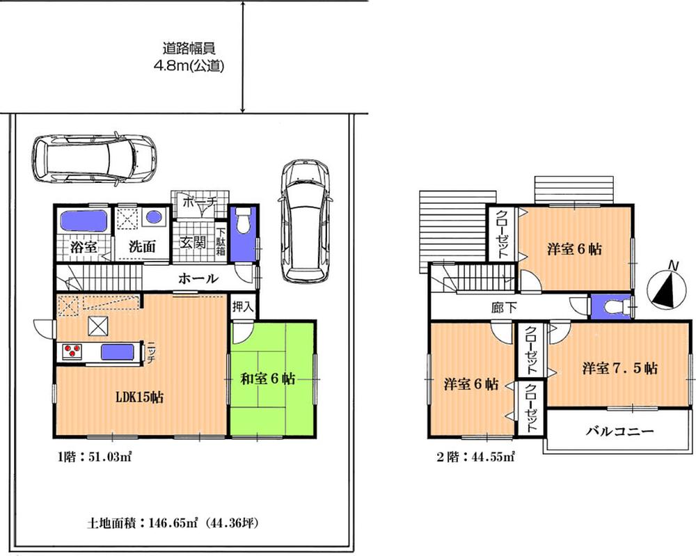 Floor plan. 29,800,000 yen, 4LDK, Land area 146.65 sq m , Building area 95.58 sq m 4LDK ・ Living 15 Pledge